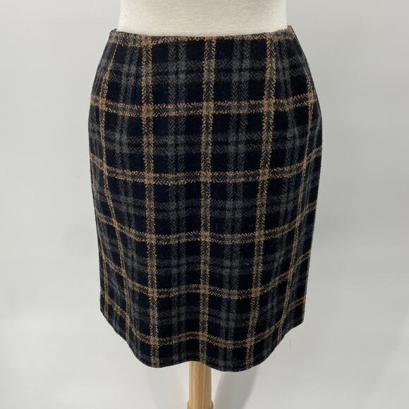 White + Warren Plaid Mini Skirt Wool Double Front Button Black Gray Tan Womens M - Picture 4 of 5